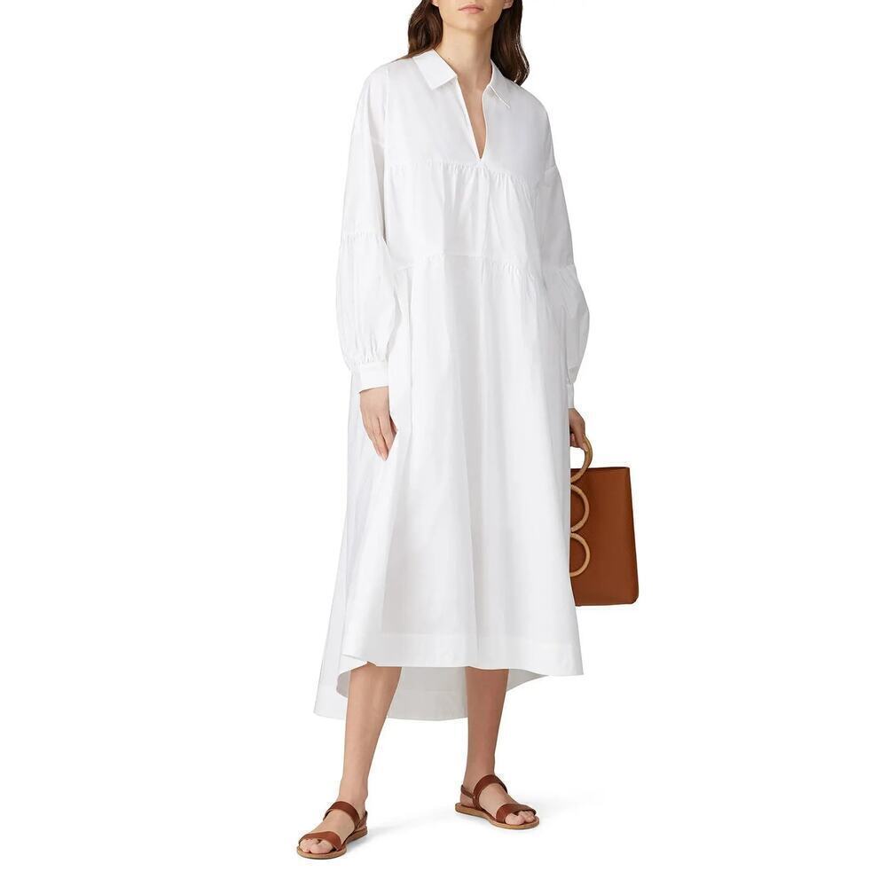 Just Female Brandy Dress Long Sleeve Tiered Hi-Lo Maxi Organic Cotton White M